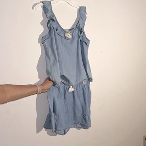 2 piece chambray blue thin soft shirt with ruffles and shorts with flares.